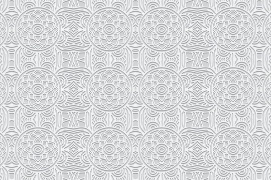 Embossed white background, ethnic cover design. Geometric floral 3D pattern, arabesques. Tribal topical ornaments of the East, Asia, India, Mexico, Aztecs, Peru.