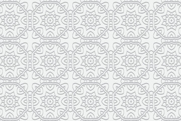 Embossed white background, ethnic cover design. Geometric lace 3D pattern, arabesques. Tribal topical ornaments of the East, Asia, India, Mexico, Aztecs, Peru.