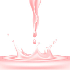 3D vector realistic illustration set, strawberry milk splash and pour, realistic natural dairy products, yogurt or cream splatter drops, isolated on white background. Print, template, design element