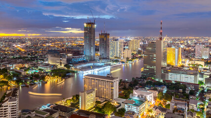 Night of the Metropolitan Beautiful sunset curve Chao Phraya River long exposure light Bangkok City downtown cityscape urban skyline  Thailand in 2017 - Cityscape Bangkok city Thailand