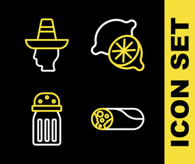 Set line Lime, Burrito, Salt and Mexican man sombrero icon. Vector