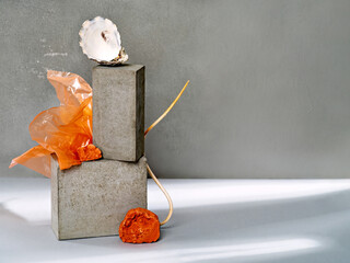 Abstract and conceptual background for new products displaying. Scene with geometric concrete shapes. Empty showcase or  podium for packaging and cosmetic presentation. Mock up pedestal. Copy space.