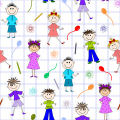 Background with children. Seamless pattern with boys and girls in the style of a children's drawing with elements of flowers, balloons, pencils on a checkered background. 