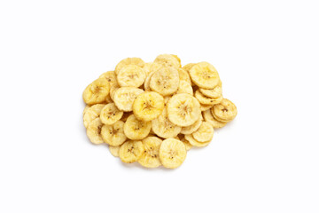 Banana slice chips on white background.