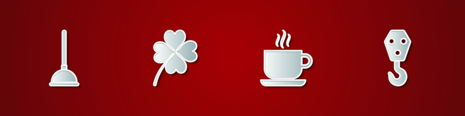 Set Rubber plunger, Four leaf clover, Coffee cup and Industrial hook icon. Vector