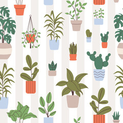 Seamless pattern with home plants. Hand drawn elements for your design. Can be used on packaging paper, fabric, background