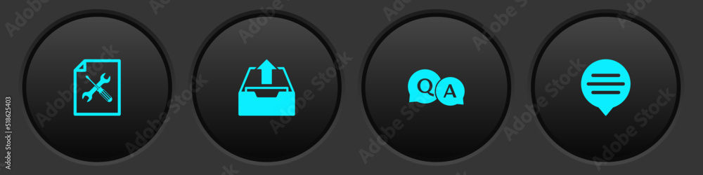 Aufkleber set file document service, upload inbox, question and answer and speech bubble chat icon. vector