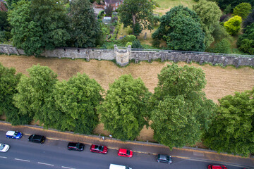 Aerial view of the historic military defence wall of York. medieval stone walled city in North Yorkshire England.