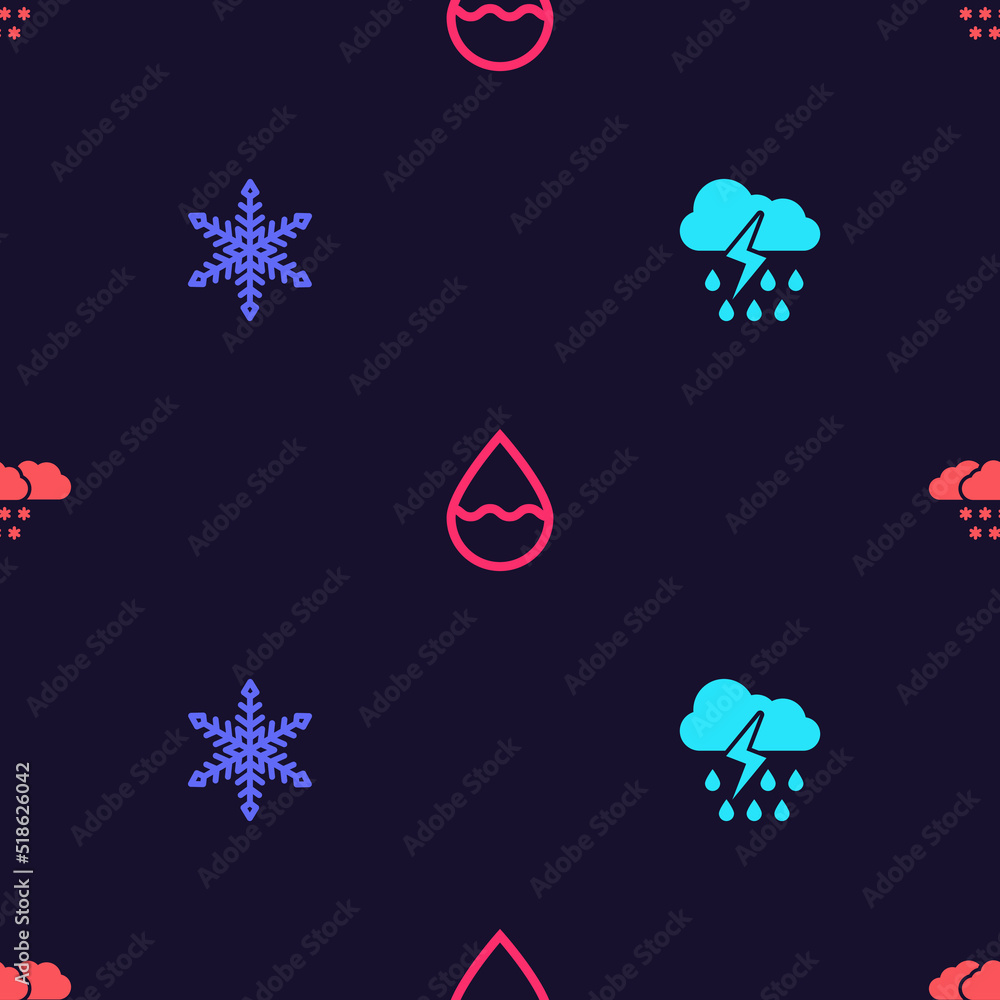 Poster set cloud with rain and lightning, snowflake, water drop and snow on seamless pattern. vector