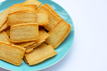 Cheese crispies on white background.