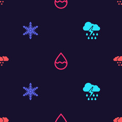 Set Cloud with rain and lightning, Snowflake, Water drop and snow on seamless pattern. Vector