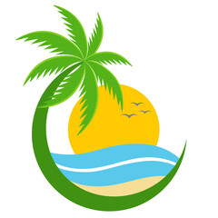 Fototapeta na wymiar Tropical island illustration with palm tree and sun on white background