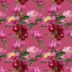 watercolor seamless pattern - colorful peonies in botanical style