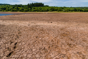 Baked, cracked, dry soil at a near empty reservoir during a heatwave and drought - obrazy, fototapety, plakaty