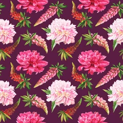 Tuinposter watercolor seamless pattern - colorful peonies in botanical style © Irina