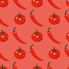 Seamless pattern with fresh tomato and red chilli pepper vegetables. Organic food. Vector illustration for design, web, wrapping paper, fabric, wallpaper. Colorful texture with hand drawn vegetables.
