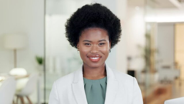 Confident, cheerful chartered accountant with afro showing friendly facial expression or trust and looking forward in accounting firm. Portrait of professional advisor ready to help or assist clients