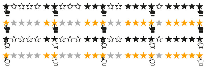 Set of star rating icons. Rating icon, customer reviews, user feedback. 1 to 5 star satisfaction rating symbols. Star and hand. Vector illustration.