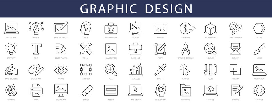 Graphic design thin line icons set. Graphic design editable stroke icons. Vector illustration. Digital art, Creativity, Tools, Drawing, Portfolio icons.