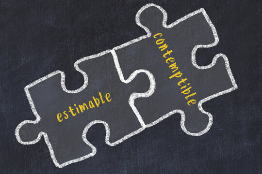 Concept of dealing with troubles. Chalk sketch of connecting puzzles with words estimable and contemptible