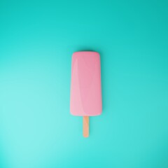 Freshness of a summer day with ice cream. Colorful ice cream on a stick, bright turquoise background. 3d rendering.