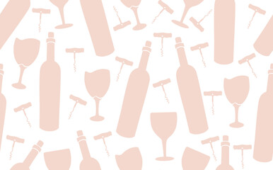 Wine Seamless Pattern. Background with Pik Pastel  Bottles, Glasses and Corkscrew. Vector illustration. - obrazy, fototapety, plakaty