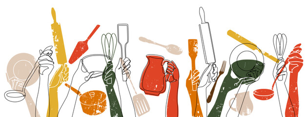 Set of Hands Holding different Kitchen Utensils. Cooking Background. Continuous line drawing style. Vector illustration.