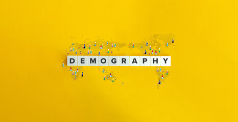Demography Banner. Word on Letter Tiles on Yellow Background. Minimal Aesthetics.
