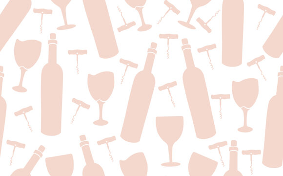 Wine Seamless Pattern. Background with Pik Pastel  Bottles, Glasses and Corkscrew. Vector illustration.
