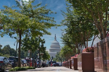 United States Capitol building on the end of the street