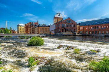 Beautiful view of Norrkoping Motala Strom Waterfall and Rapids, Sweden