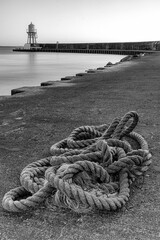 Vertical grayscale shot of a rope at the coast on the background of a lighthouse near Helsingborg