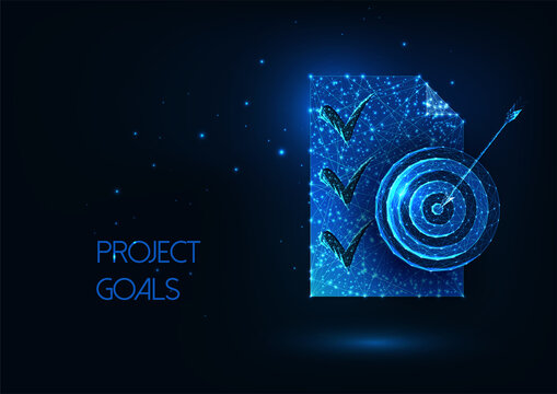 Project goals concept with document and target symbol in futuristic glowing low poly style on blue 