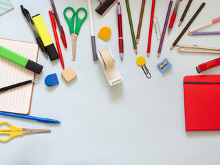 Colorful stationery supplies for crafts and creativity. Back-to-school materials as scissors,...