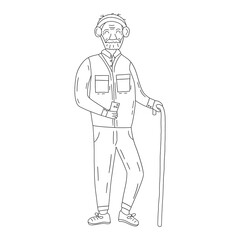 Elderly grandfather with beard and cane holds smartphone and listens to music in wireless headphones. Pensioners and technology. Black and white vector isolated illustration hand drawn contour