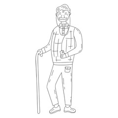 Elderly grandfather with cane holds smartphone and listens to music in headphones. Pensioners and technology. Black and white vector isolated illustration hand drawn contour
