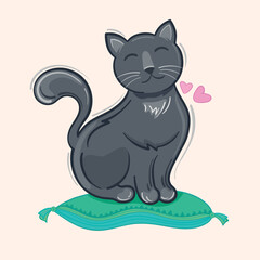 Vector illustration cute grey british cat on pillow with narrowed eyes on enjoys him life.