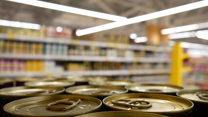 Close-up of many canned food on a supermarket shelf