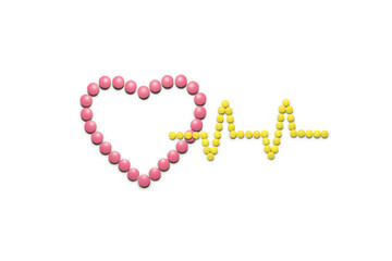 Naklejka premium Creative health concept photo of medicine signs hospital heart ambulance made of pills drugs.
