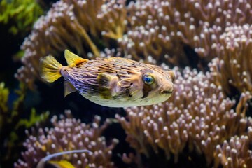 Closeup of a pufferfish near corals