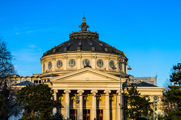 Detail view over the Romanian Athenaeum or Ateneul Roman, in the center of Bucharest capital of...