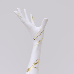 White and gold painted hand support gesture, female arm 3d rendering