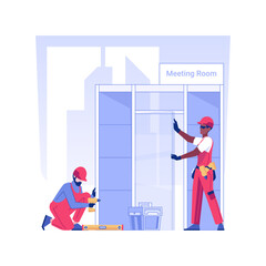 Installing partitions isolated concept vector illustration. Group of professional repairmen installing glass partition walls in office, interior works, commercial construction vector concept.