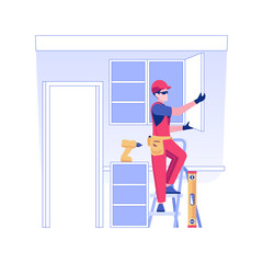 Kitchen cabinets installation isolated concept vector illustration. Contractor in uniform installs kitchen cabinets, furniture assembling service, rough interior works vector concept.