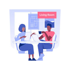 Living room design isolated concept vector illustration. Interior designer discussing living room project with a client, private house custom interior, repair company service vector concept.