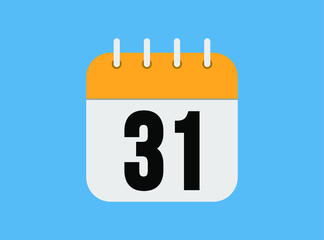 Day 31 calendar icon. Orange Calendar Page on Blue Background. Simple vector illustration.