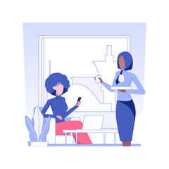 Business lounge isolated concept vector illustration. Waiter offering drinks to woman in business lounge, airport departure hall, working travel, passengers luxury trip vector concept.