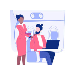 Business class service isolated concept vector illustration. Smiling stewardess offers food and drinks to the passenger, business class travel, luxury work trip vector concept.