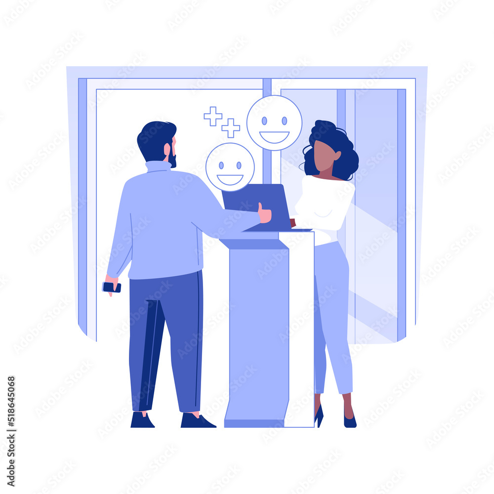 Poster client satisfaction isolated concept vector illustration. receptionist talking with satisfied custom