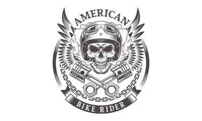 Motorcycle skull with helmet, goggles, pistons, and wings. Vintage typography and layout vector illustration